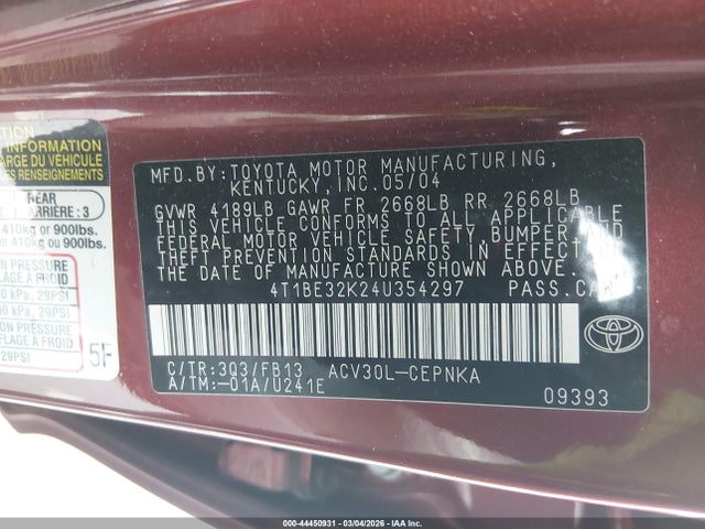 Aukcja sprzedaży 2004 Toyota Camry Le, vin: 4T1BE32K24U354297, numer aukcji: 44450931