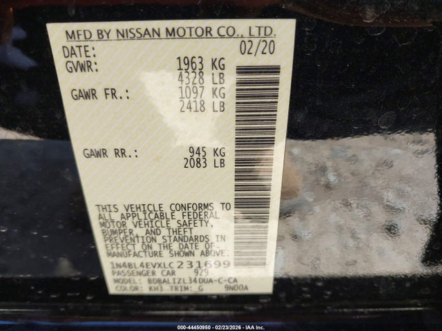 1N4BL4EVXLC231699 Nissan Altima Sl Fwd
