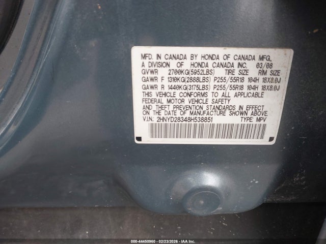 44450960 :رقم المزاد ، 2HNYD28348H538851 vin ، 2008 Acura Mdx Technology Package مزاد بيع