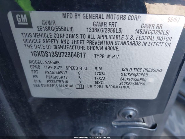 2007 Gmc Envoy Slt მანქანა იყიდება აუქციონზე, vin: 1GKDS13S972304817, აუქციონის ნომერი: 44450983