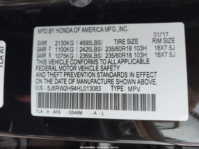 Aukcja sprzedaży 2017 Honda Cr-v Touring, vin: 5J6RW2H94HL013083, numer aukcji: 44450994