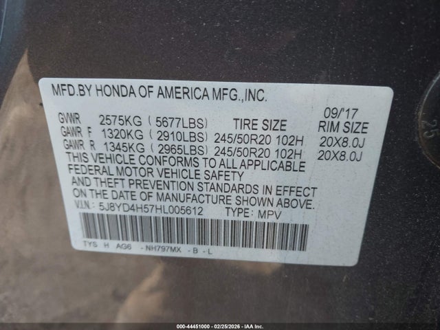 44451000 :رقم المزاد ، 5J8YD4H57HL005612 vin ، 2017 Acura Mdx Technology Package مزاد بيع