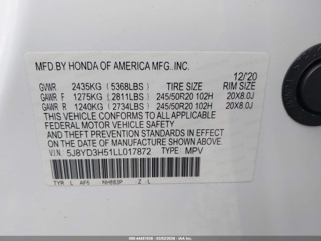 Продаж на аукціоні авто 2020 Acura Mdx Technology Package, vin: 5J8YD3H51LL017872, номер лоту: 44451036