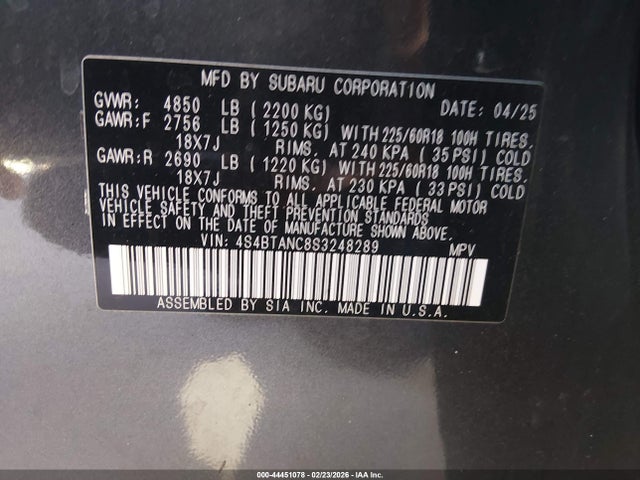 44451078 :رقم المزاد ، 4S4BTANC8S3248289 vin ، 2025 Subaru Outback Limited مزاد بيع