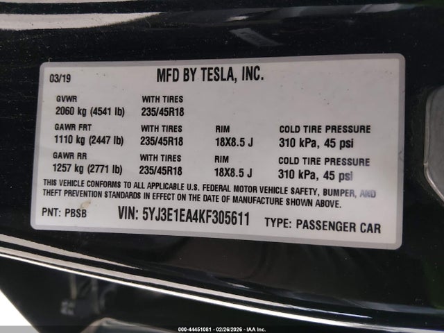 2019 TESLA MODEL 3 5YJ3E1EA4KF305611 Photo 8