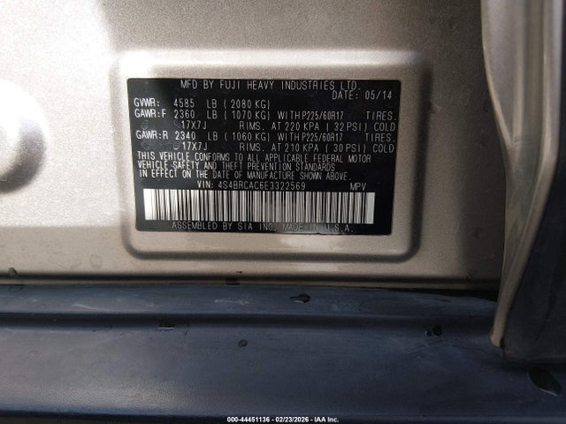 44451136 :رقم المزاد ، 4S4BRCAC6E3322569 vin ، 2014 Subaru Outback 2.5i مزاد بيع