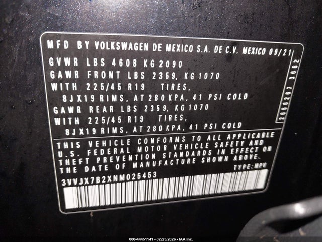 Продаж на аукціоні авто 2022 Volkswagen Taos 1.5t Sel, vin: 3VVJX7B2XNM025453, номер лоту: 44451141