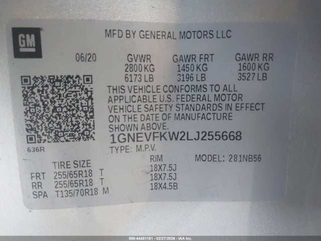 2020 Chevrolet Traverse Awd Ls მანქანა იყიდება აუქციონზე, vin: 1GNEVFKW2LJ255668, აუქციონის ნომერი: 44451181