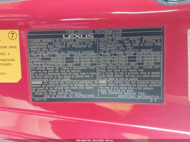 44451199 :رقم المزاد ، JTHFN48Y320008866 vin ، 2002 Lexus Sc 430 مزاد بيع