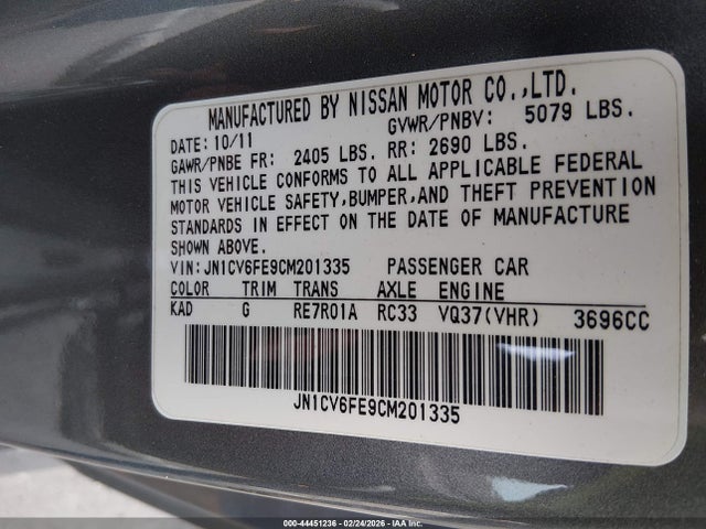 Aukcja sprzedaży 2012 Infiniti G37, vin: JN1CV6FE9CM201335, numer aukcji: 44451236