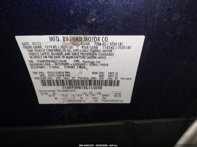 Продажа на аукционе авто 2011 Ford Taurus Sel, vin: 1FAHP2EW1BG155048, номер лота: 44451247