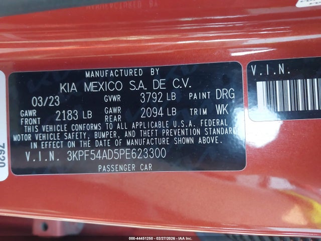 44451250 :رقم المزاد ، 3KPF54AD5PE623300 vin ، 2023 Kia Forte Gt-line مزاد بيع