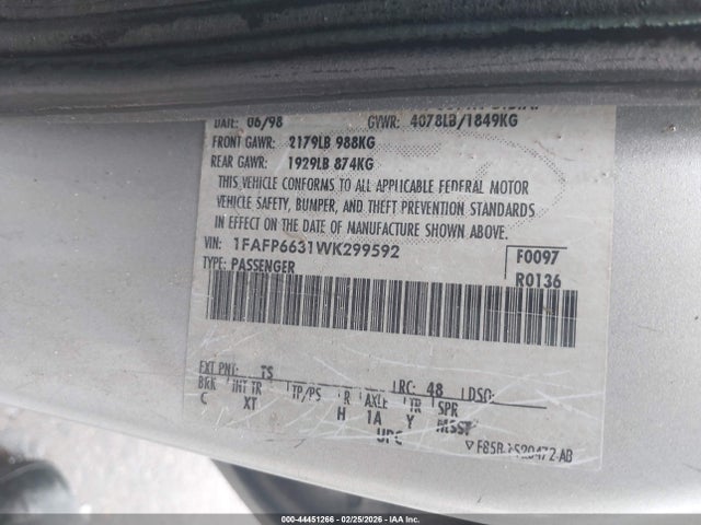 Aukcja sprzedaży 1998 Ford Contour Lx, vin: 1FAFP6631WK299592, numer aukcji: 44451266