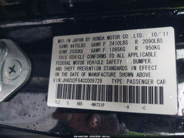 44451296 :رقم المزاد ، JH4CU2F64CC009729 vin ، 2012 Acura Tsx 2.4 مزاد بيع