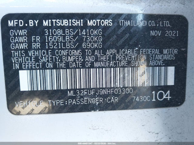 Продаж на аукціоні авто 2022 Mitsubishi Mirage G4 Black Edition/es/le, vin: ML32FUFJ9NHF03300, номер лоту: 44451347