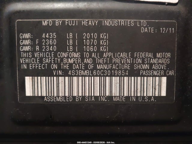 Продаж на аукціоні авто 2012 Subaru Legacy 2.5i Limited, vin: 4S3BMBL60C3019854, номер лоту: 44451349