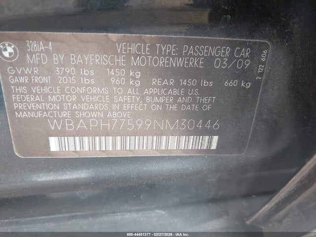 Продаж на аукціоні авто 2009 Bmw 328i, vin: WBAPH77599NM30446, номер лоту: 44451377
