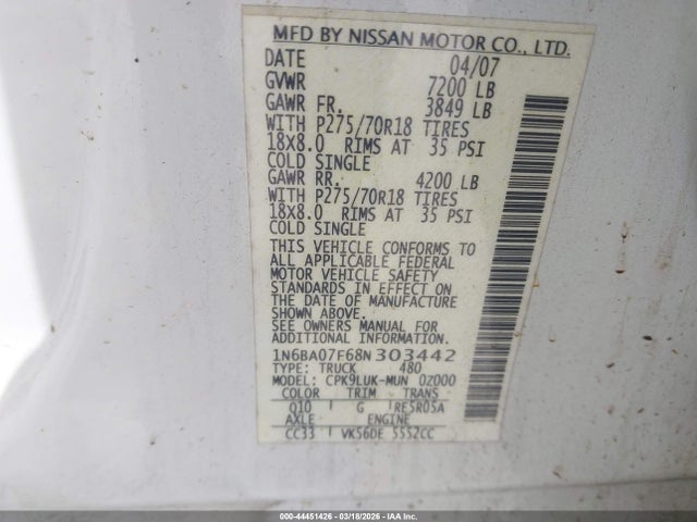 2008 NISSAN TITAN 1N6BA07F68N303442 Photo 8