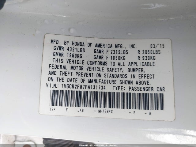44451431 :رقم المزاد ، 1HGCR2F87FA131734 vin ، 2015 Honda Accord Ex-l مزاد بيع