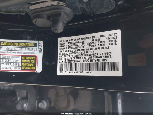 44451432 :رقم المزاد ، 5J6RM3H74CL022210 vin ، 2012 Honda Cr-v Ex-l مزاد بيع