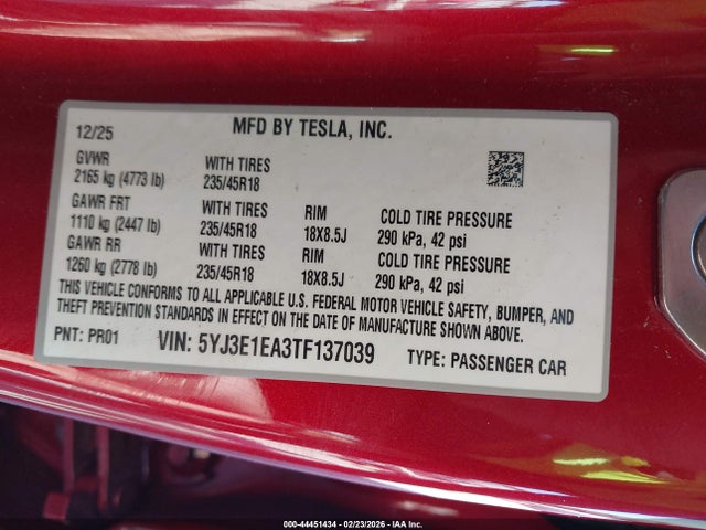 44451434 :رقم المزاد ، 5YJ3E1EA3TF137039 vin ، 2026 Tesla Model 3 Premium Rear-wheel Drive/standard Rear-wheel Drive مزاد بيع