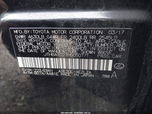2017 Lexus Is 200t მანქანა იყიდება აუქციონზე, vin: JTHBA1D27H5050771, აუქციონის ნომერი: 44451465