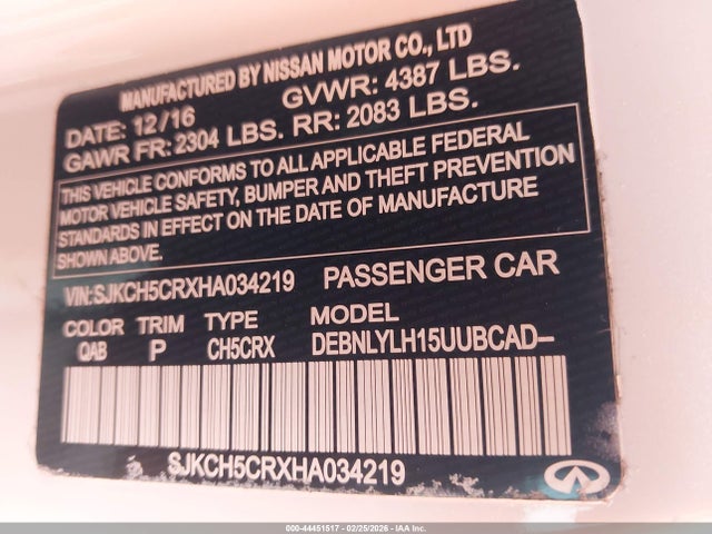 2017 Infiniti Qx30 Premium მანქანა იყიდება აუქციონზე, vin: SJKCH5CRXHA034219, აუქციონის ნომერი: 44451517