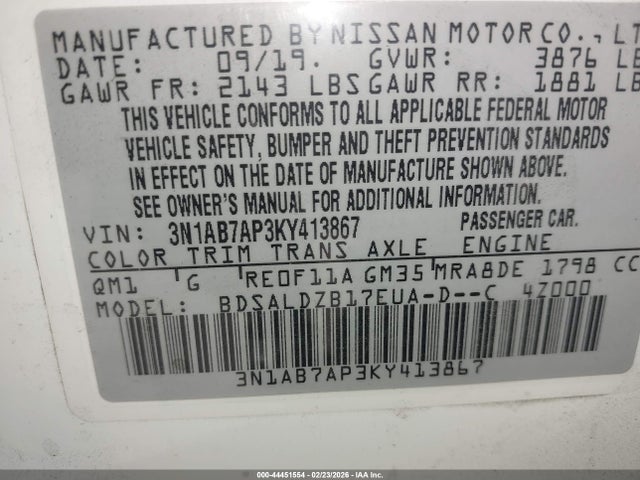Nissan SENTRA SV 2019 3N1AB7AP3KY413867 Image 9