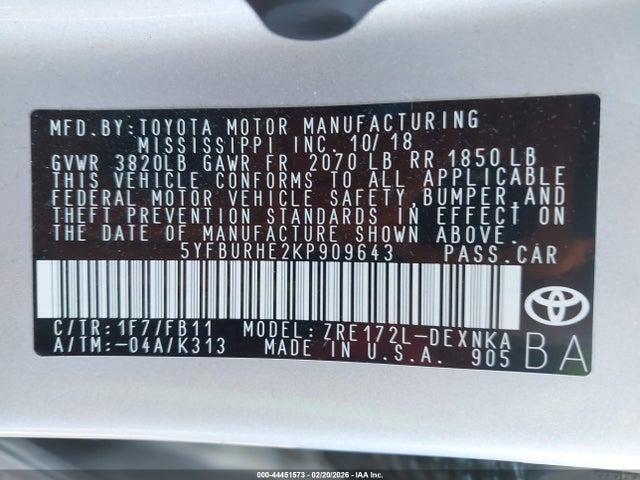 2019 TOYOTA COROLLA 5YFBURHE2KP909643 Photo 8