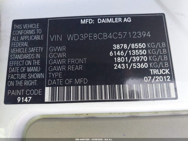 44451595 :رقم المزاد ، WD3PE8CB4C5712394 vin ، 2012 Mercedes-benz Sprinter 2500 High Roof مزاد بيع