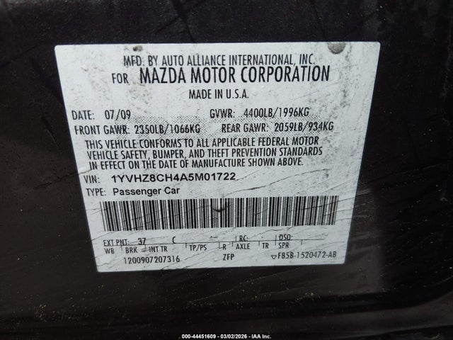 Aukcja sprzedaży 2010 Mazda Mazda6 I Touring, vin: 1YVHZ8CH4A5M01722, numer aukcji: 44451609