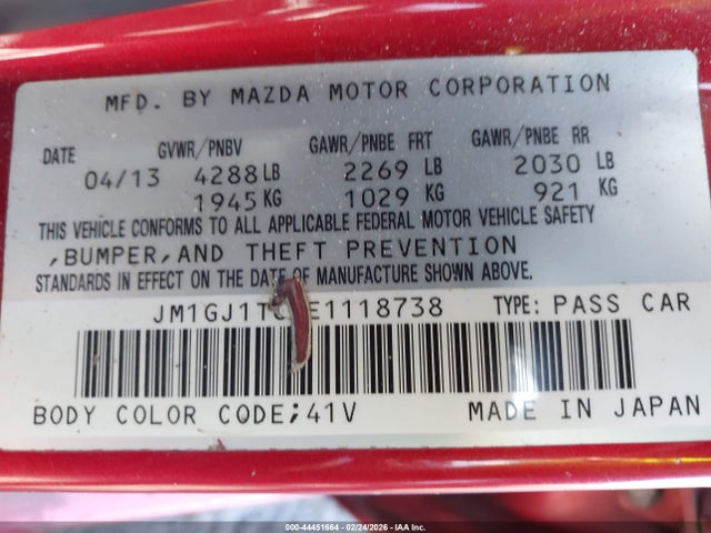 Aukcja sprzedaży 2014 Mazda Mazda6 I Touring, vin: JM1GJ1T61E1118738, numer aukcji: 44451664