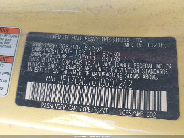 Aukcja sprzedaży 2017 Subaru Brz Series. Yellow, vin: JF1ZCAC16H9601242, numer aukcji: 44451687