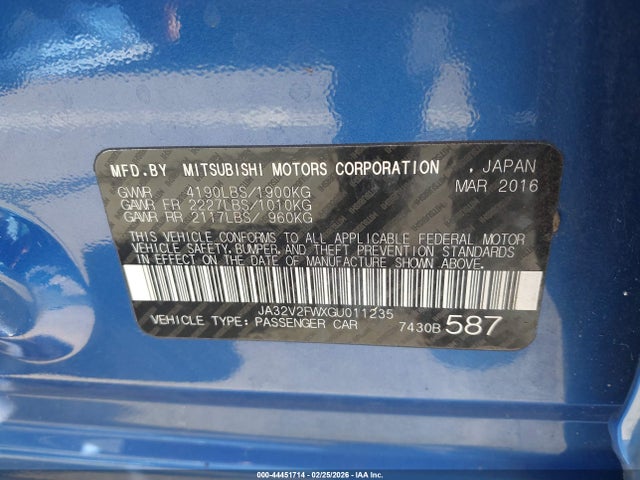 Продаж на аукціоні авто 2016 Mitsubishi Lancer Se, vin: JA32V2FWXGU011235, номер лоту: 44451714