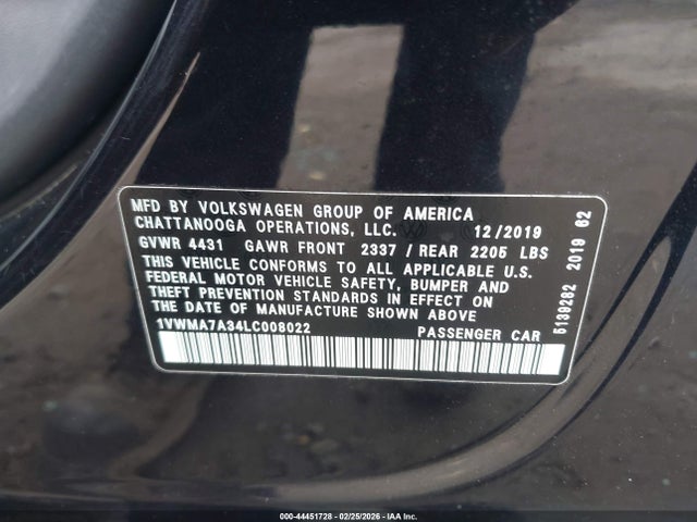 2020 Volkswagen Passat 2.0t R-line მანქანა იყიდება აუქციონზე, vin: 1VWMA7A34LC008022, აუქციონის ნომერი: 44451728
