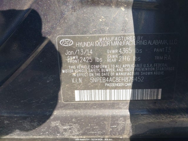 44451731 :رقم المزاد ، 5NPEB4AC8EH879452 vin ، 2014 Hyundai Sonata Gls مزاد بيع