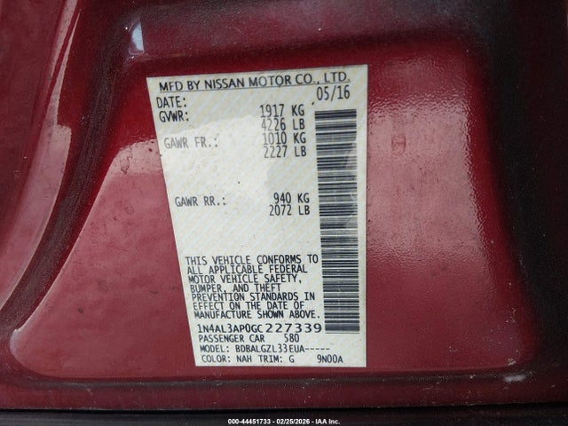 1N4AL3AP0GC227339 Nissan Altima 2.5/2.5 S/2.5 Sl/2.5 Sr/2.5 Sv