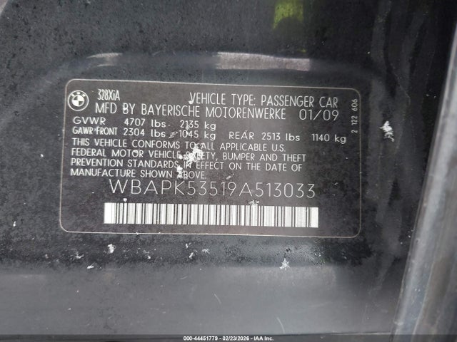 44451779 :رقم المزاد ، WBAPK53519A513033 vin ، 2009 Bmw 328i Xdrive مزاد بيع