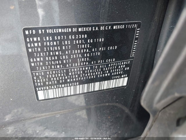44451791 :رقم المزاد ، 3VVFB7AX7RM054206 vin ، 2024 Volkswagen Tiguan 2.0t S مزاد بيع