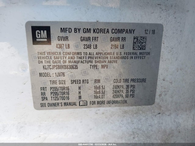 44451798 :رقم المزاد ، KL7CJPSB8KB830635 vin ، 2019 Chevrolet Trax Lt مزاد بيع