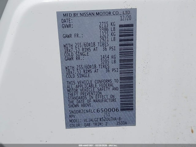 Продаж на аукціоні авто 2020 Nissan Pathfinder Sl 2wd, vin: 5N1DR2CN4LC650006, номер лоту: 44451801