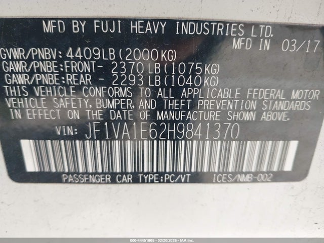 Aukcja sprzedaży 2017 Subaru Wrx Premium, vin: JF1VA1E62H9841370, numer aukcji: 44451805