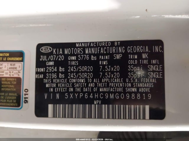 2021 Kia Telluride S მანქანა იყიდება აუქციონზე, vin: 5XYP64HC9MG098819, აუქციონის ნომერი: 44451812