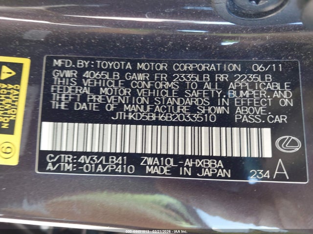 44451813 :رقم المزاد ، JTHKD5BH6B2033510 vin ، 2011 Lexus Ct 200h Premium مزاد بيع