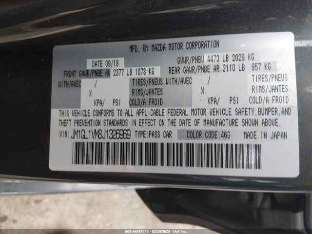 44451818 :رقم المزاد ، JM1GL1VM8J1326969 vin ، 2018 Mazda Mazda6 Touring مزاد بيع