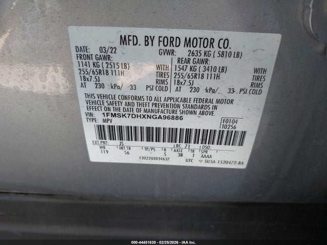 Ford EXPLORER XLT 2022 1FMSK7DHXNGA96886 Image 9