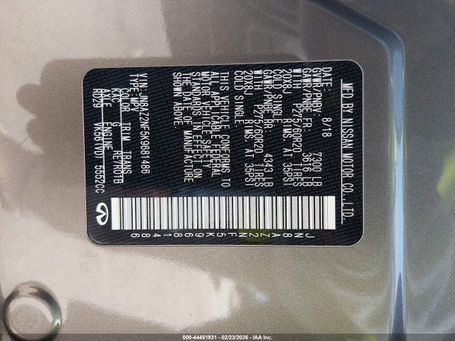 44451931 :رقم المزاد ، JN8AZ2NF5K9681486 vin ، 2019 Infiniti Qx80 Luxe مزاد بيع