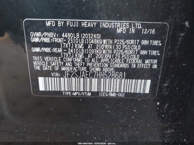 2017 Subaru Forester 2.5i Premium მანქანა იყიდება აუქციონზე, vin: JF2SJAEC7HH528681, აუქციონის ნომერი: 44451934