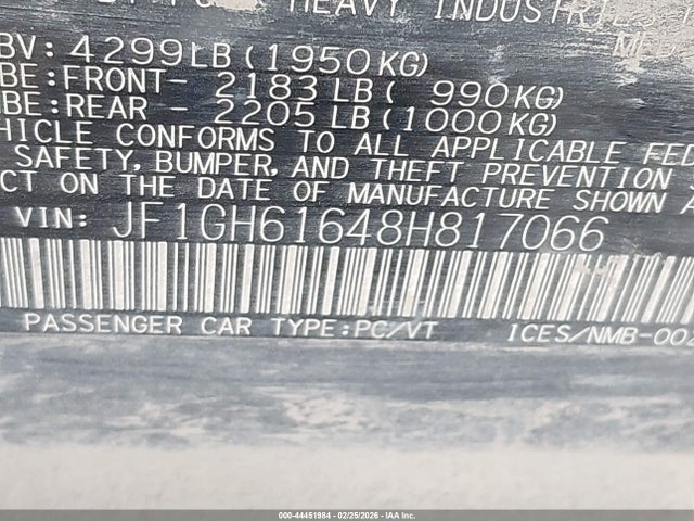 Aukcja sprzedaży 2008 Subaru Impreza 2.5i, vin: JF1GH61648H817066, numer aukcji: 44451984