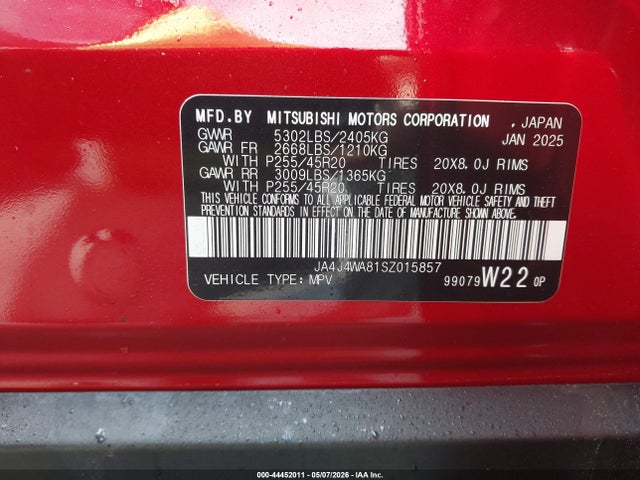 2025 Mitsubishi Outlander Sel 2.5 S-awc მანქანა იყიდება აუქციონზე, vin: JA4J4WA81SZ015857, აუქციონის ნომერი: 44452011